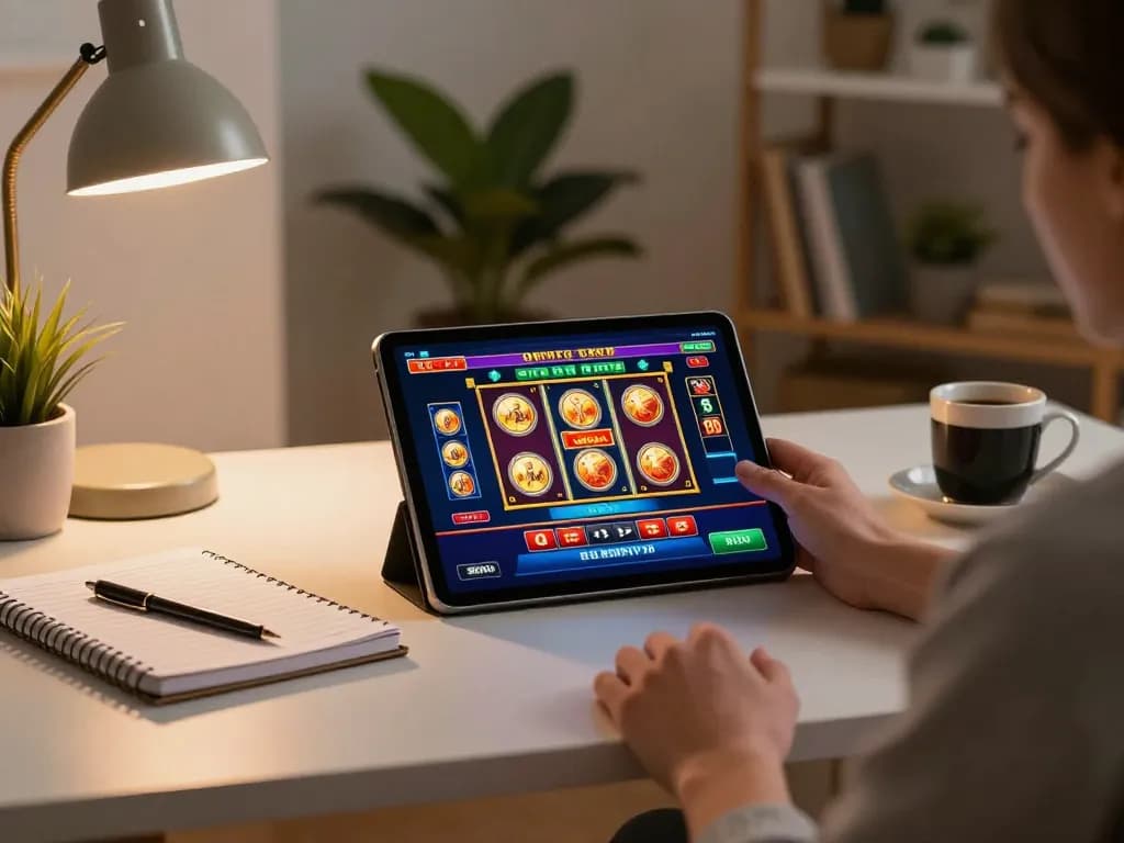 Pengguna yang terlibat bermain permainan slot di tablet aman788 dalam pengaturan rumah yang nyaman dengan elemen strategis.