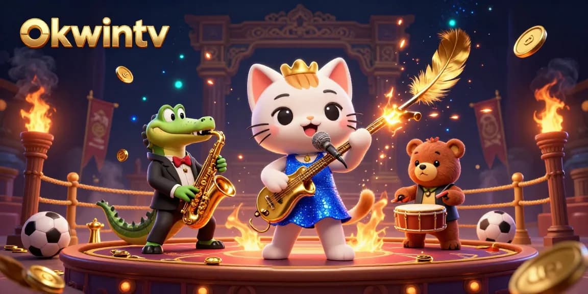 Experience the dynamic world of okwintv with vibrant characters and sports elements in an exciting casino-themed illustration.