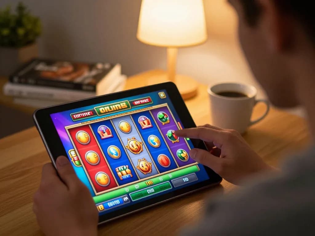 Seorang pemain memutar gulungan pada permainan slot online aman788 selama sesi permainan di rumah yang nyaman