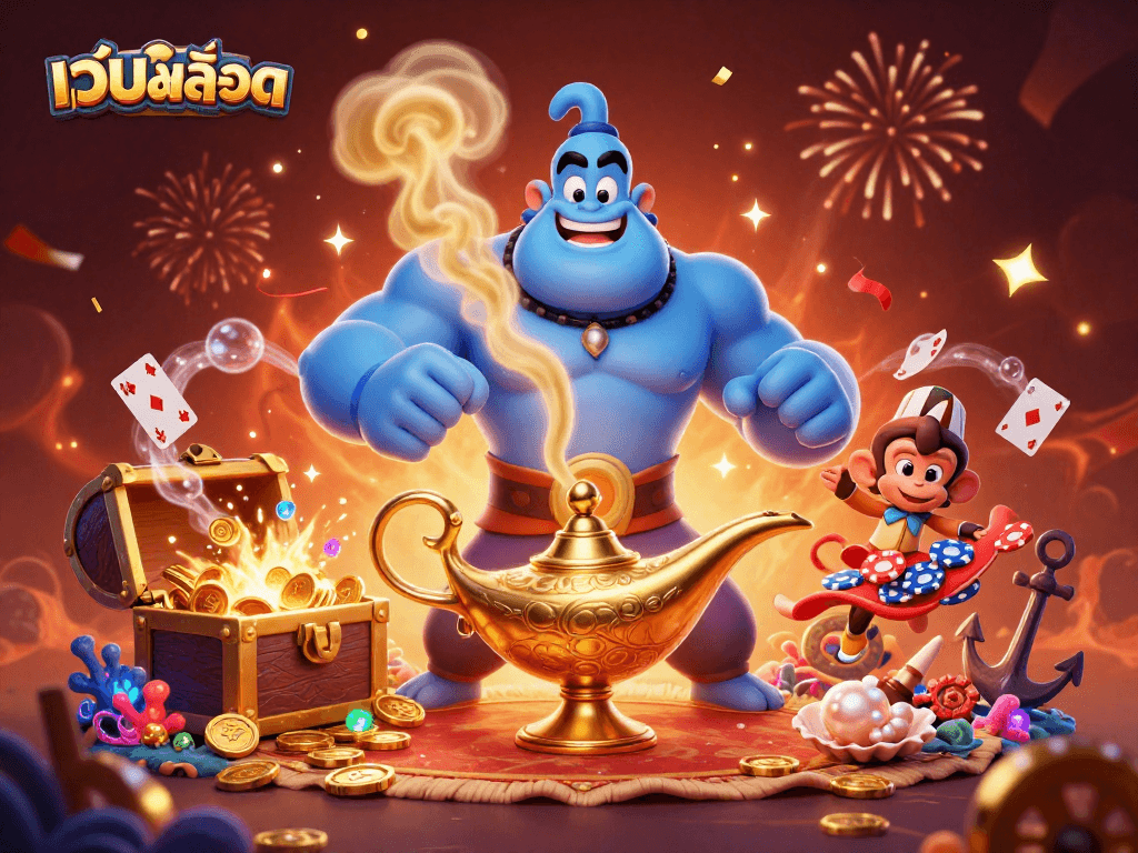 Engage in เว็บสล็อต excitement with a dynamic 3D gaming scene filled with treasures, characters, and dazzling effects.