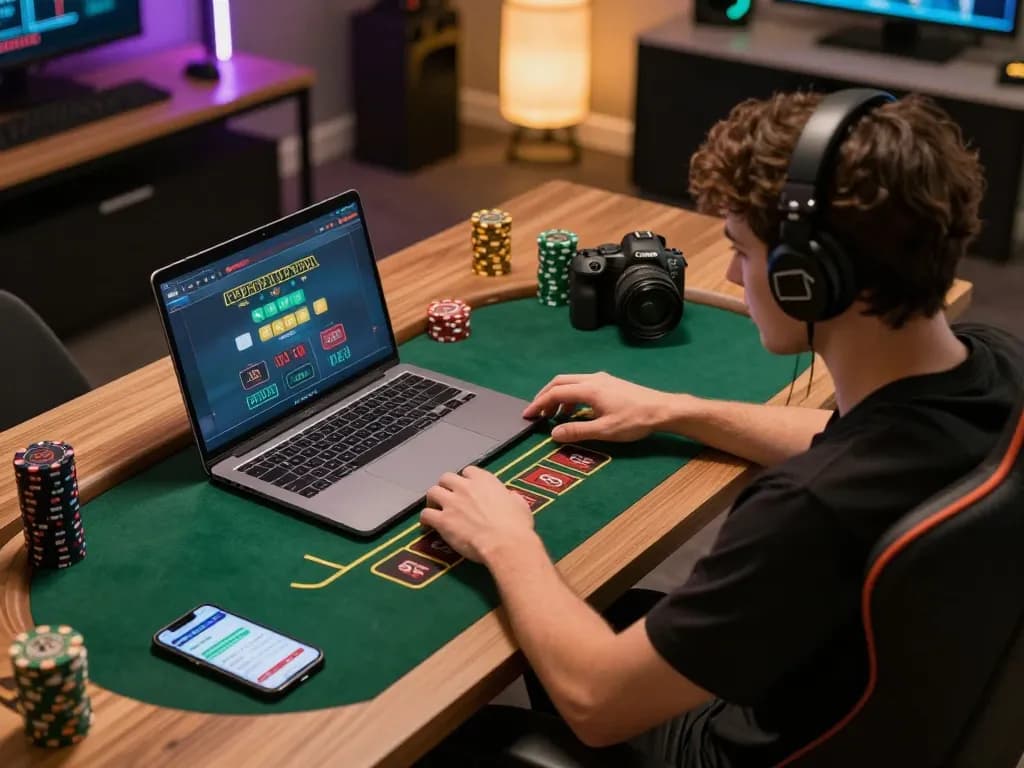 Player engaging in strategic online blackjack on laptop while monitoring bankroll on smartphone at home.