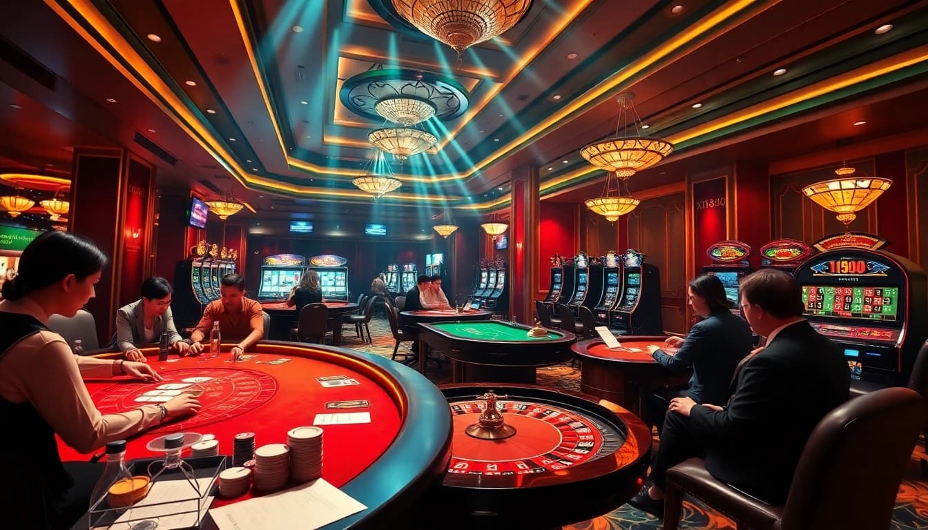 Exciting gaming atmosphere at Xin88 casino with poker, roulette, and vibrant slot machines.