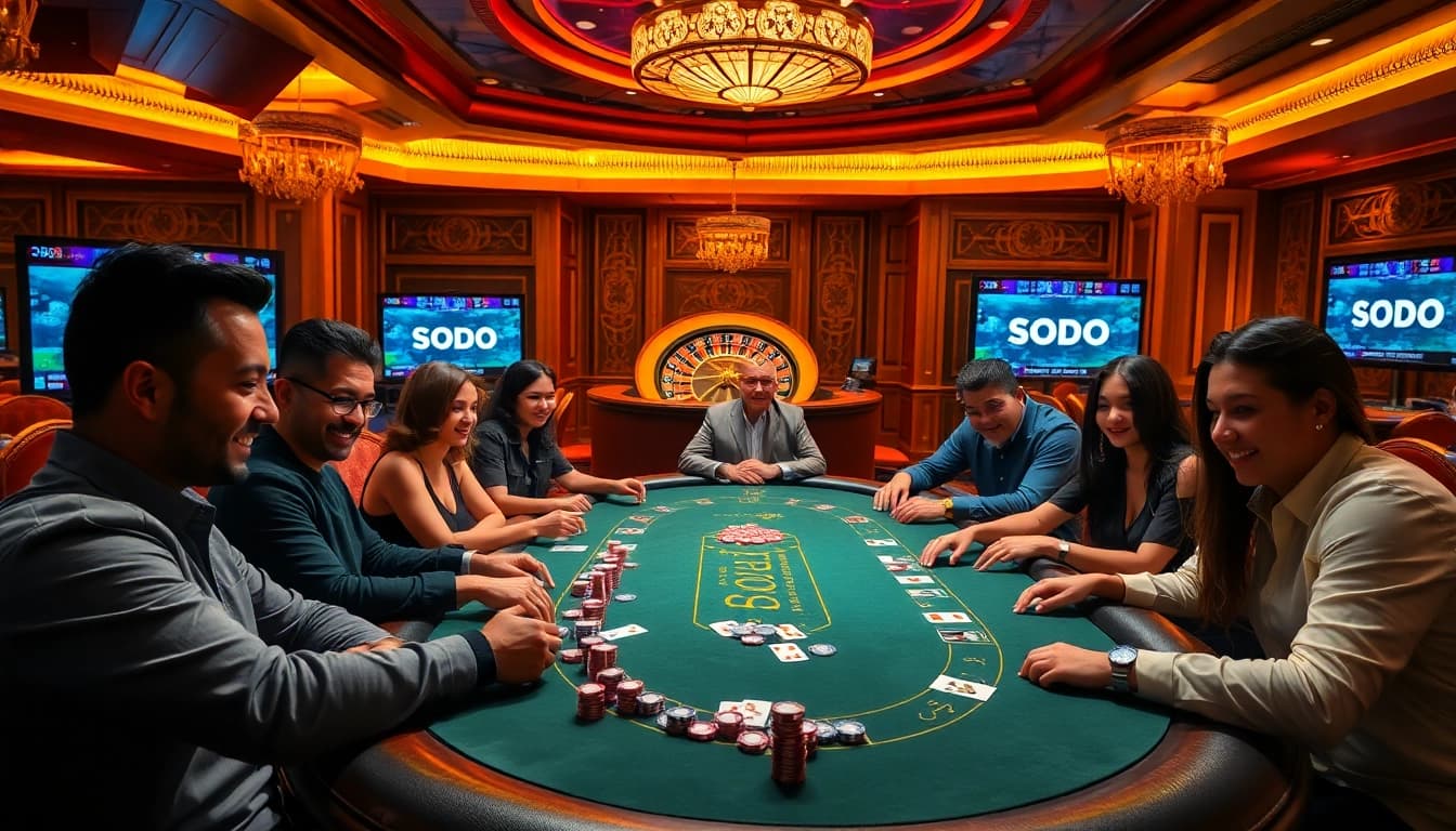 A lively poker game at a luxurious casino showcasing SODO-themed decor with chips, cards, and players engaging.