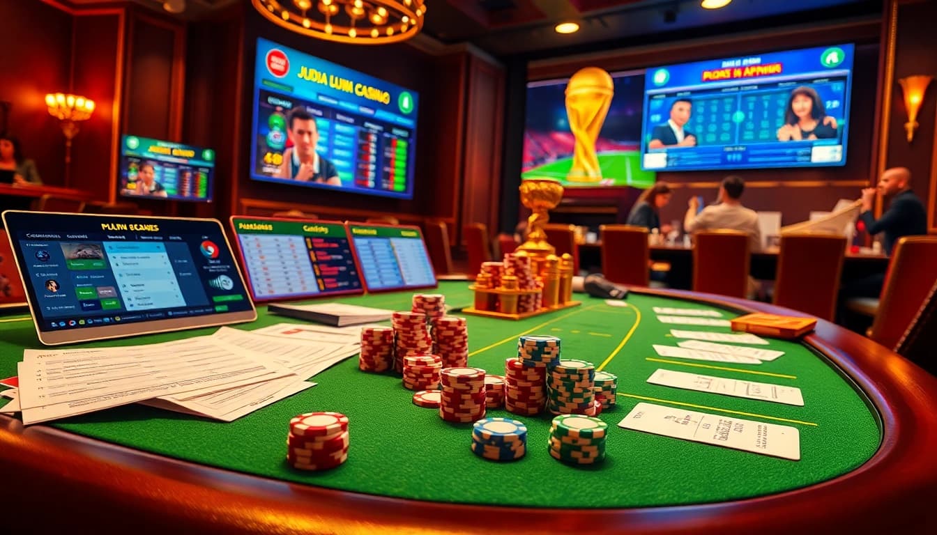 Judi Bola Piala Dunia 2035 betting interface on a luxurious casino table filled with poker chips.