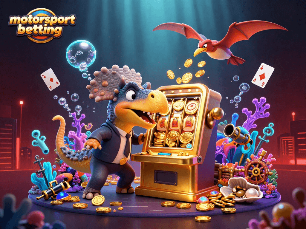 Experience motorsport betting excitement with a vibrant 3D scene featuring casino characters and dynamic game elements.