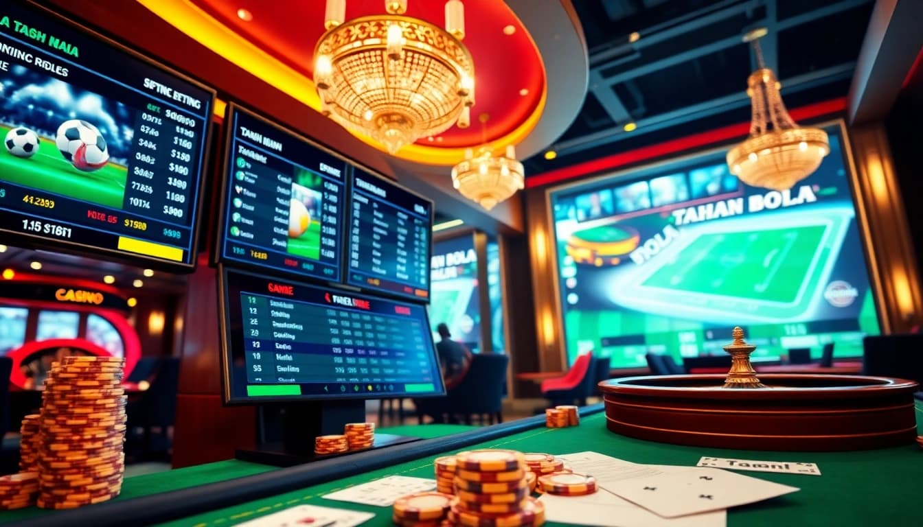Experience thrilling Taruhan Bola in a luxurious casino with vibrant betting interfaces and poker chips.