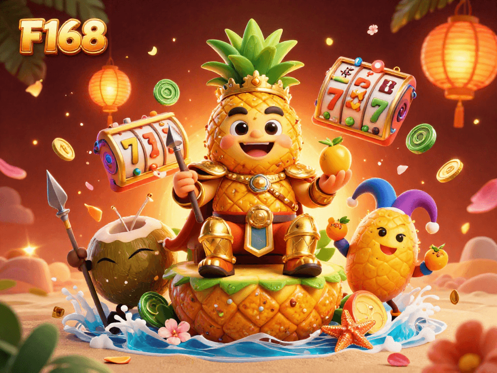 Engage with F168 in a vibrant casino scene showcasing a golden pineapple king amid dynamic gambling elements.
