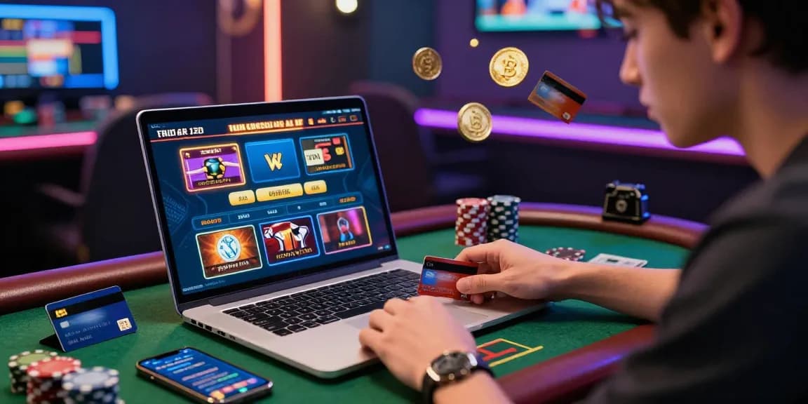 Online casino player engaging with games at https://alsbury.co.uk/, showcasing credit card and digital wallet options amidst a vibrant atmosphere.