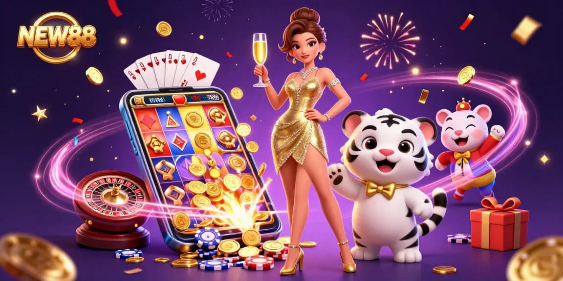 Experience the excitement at NEW88 with a glamorous casino scene featuring vibrant games and luck!