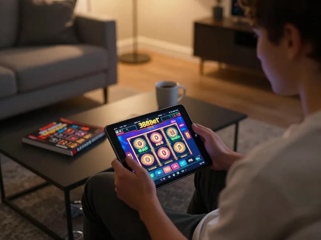 Engaging gameplay on 388bet's colorful online casino interface from a cozy living room.