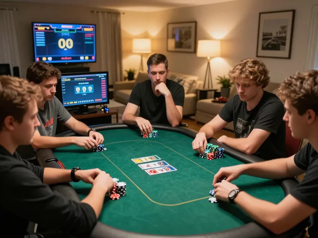 Players enjoying poker online with 123B casino app on large screen in a cozy home setting