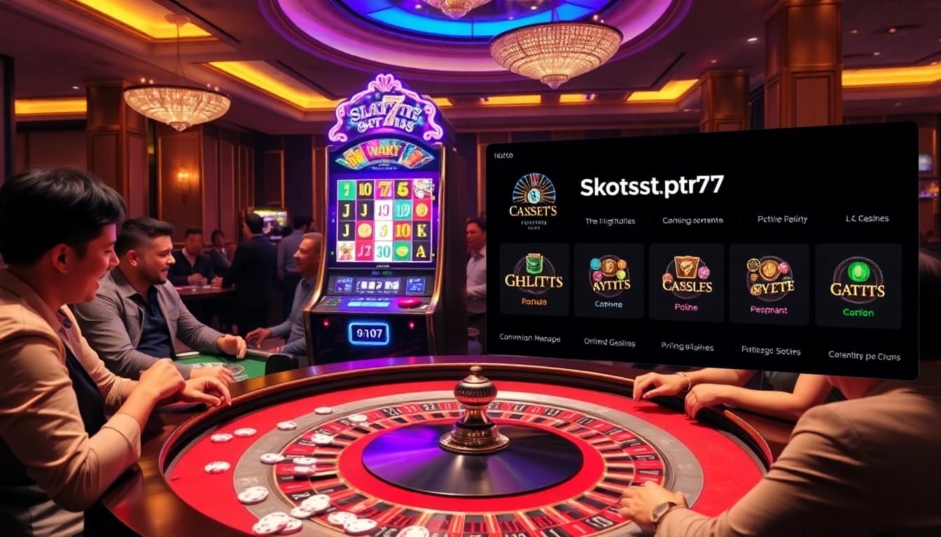 Excited players enjoying slot777 games in a vibrant casino atmosphere.