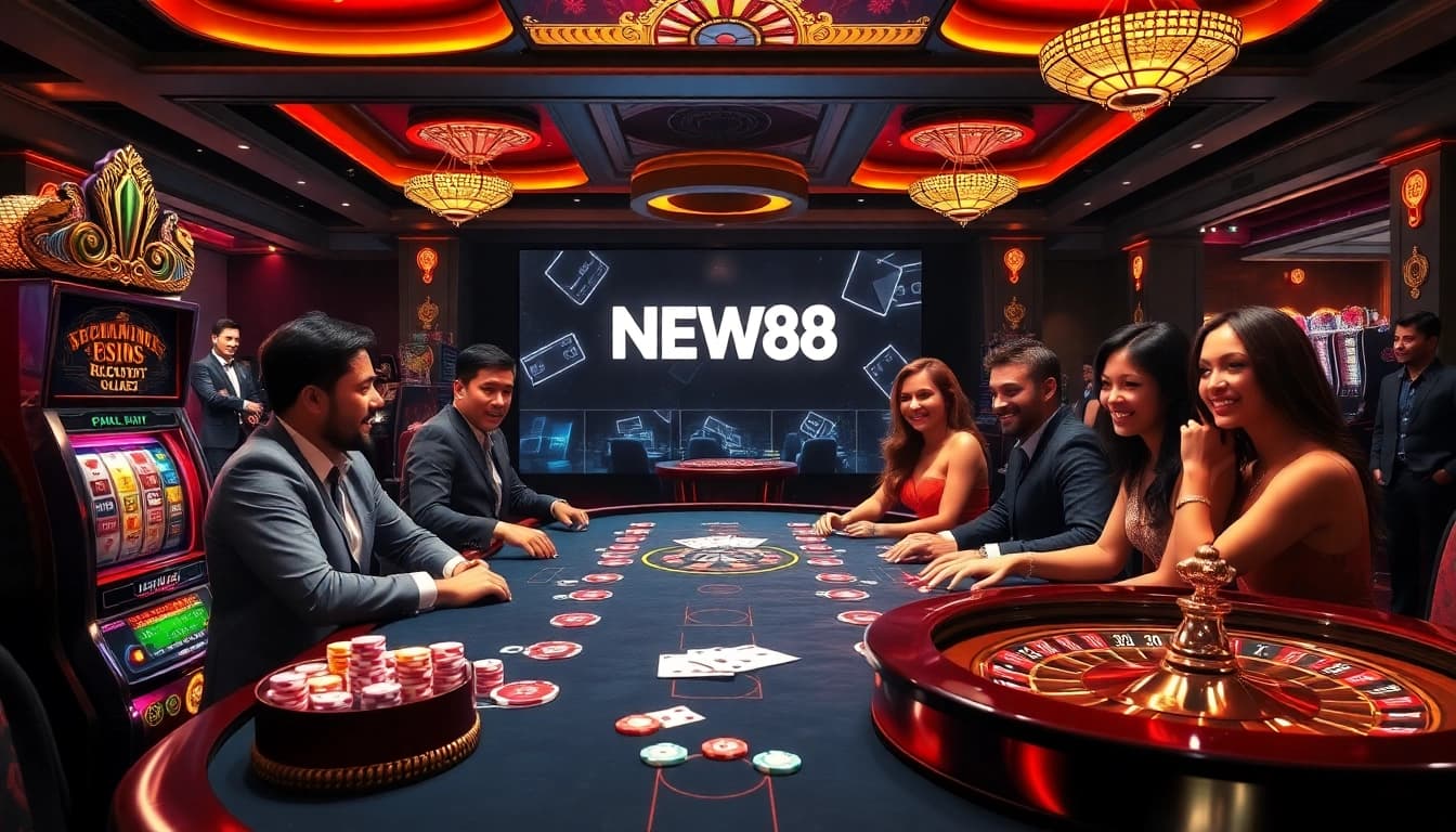 Experience thrilling gameplay at NEW88 casino, featuring vibrant poker chips and luxurious slot machines.