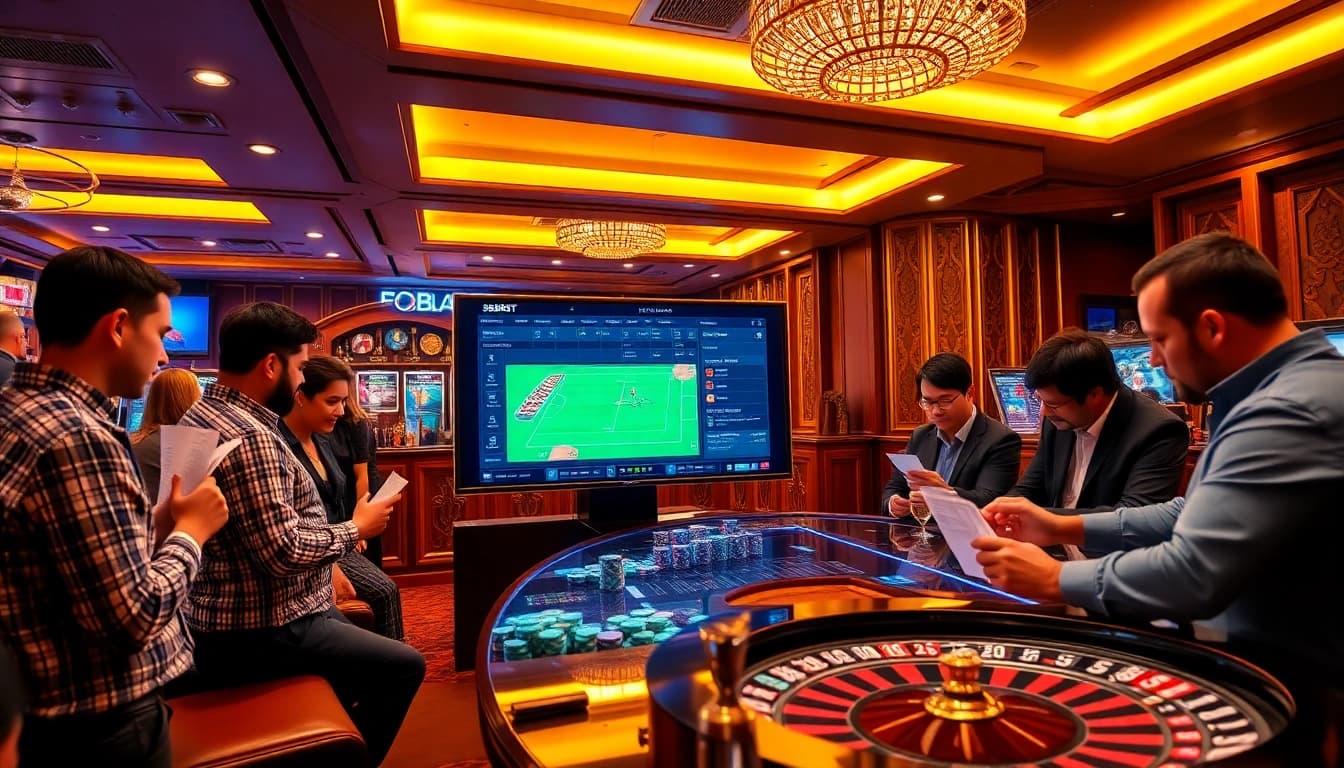 SBOBET live sports betting interface at a luxury casino showcasing excitement and engagement.