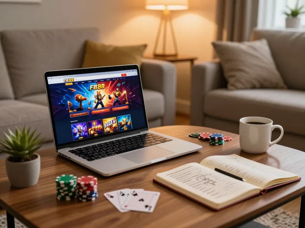Engaging home setup for FB88 online casino gaming with laptop and cozy atmosphere