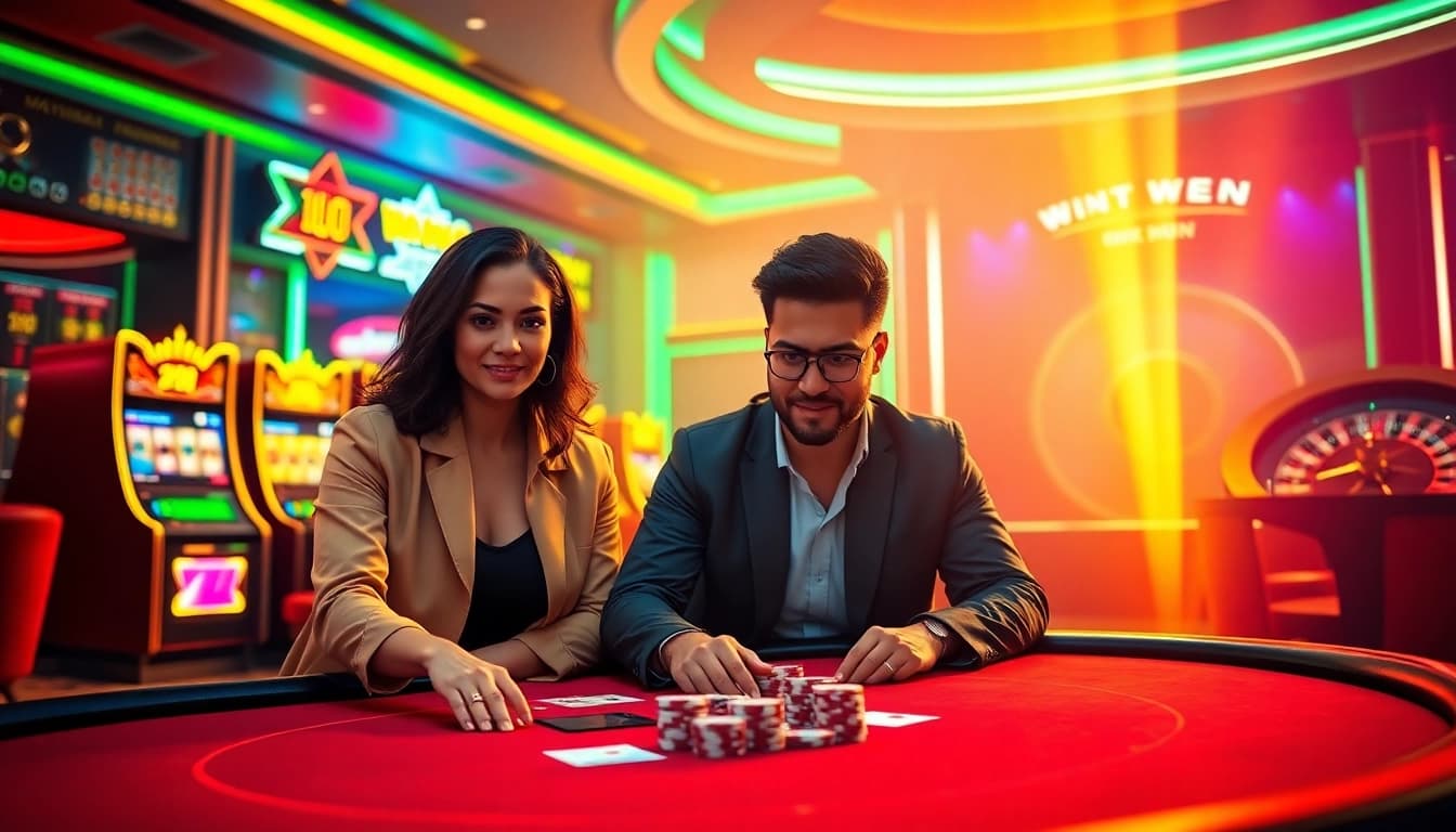 Experience the excitement at https://king88.limited/ with players engaging in a lively poker game surrounded by vibrant casino visuals.