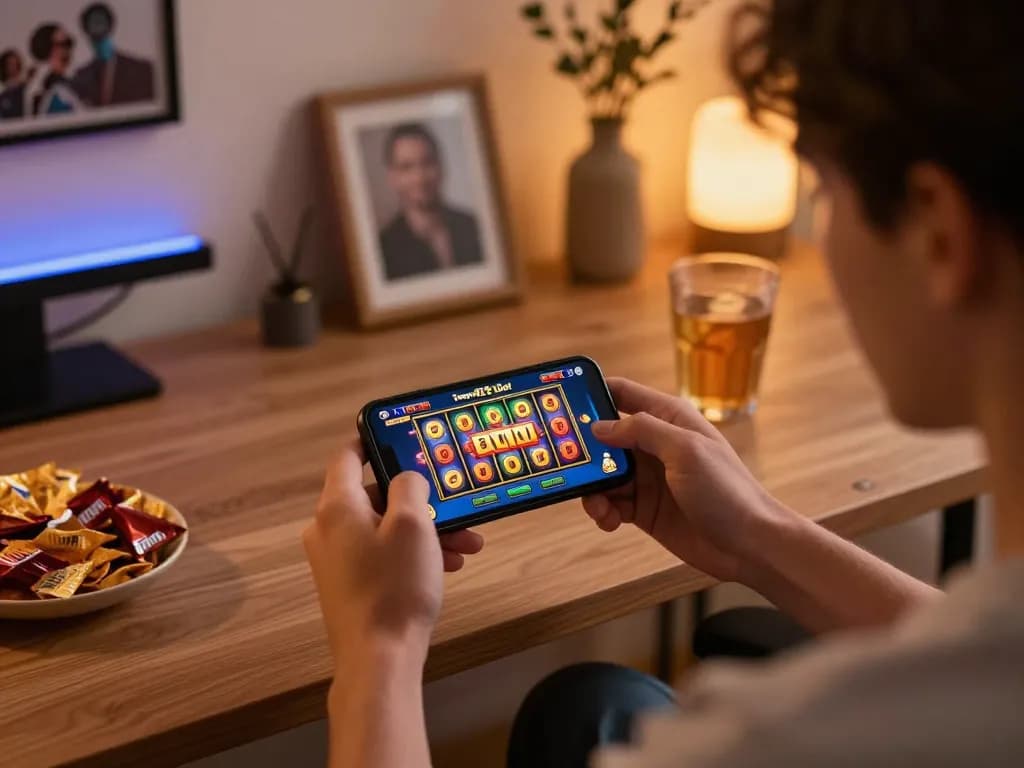 Permainan yang menarik dengan Slot Tempo123 di smartphone dalam pengaturan rumah yang nyaman, menampilkan grafis yang hidup dan kemenangan besar.