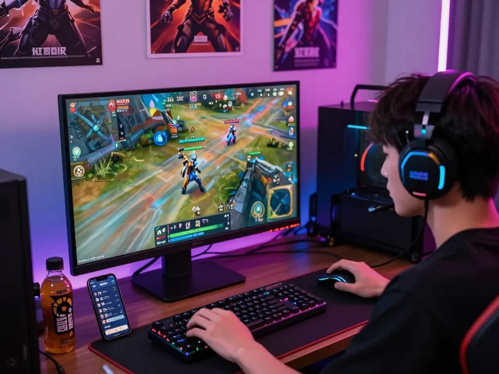 Engaged player experiencing game nk88 in a vibrant gaming setup with immersive graphics and gaming gear.