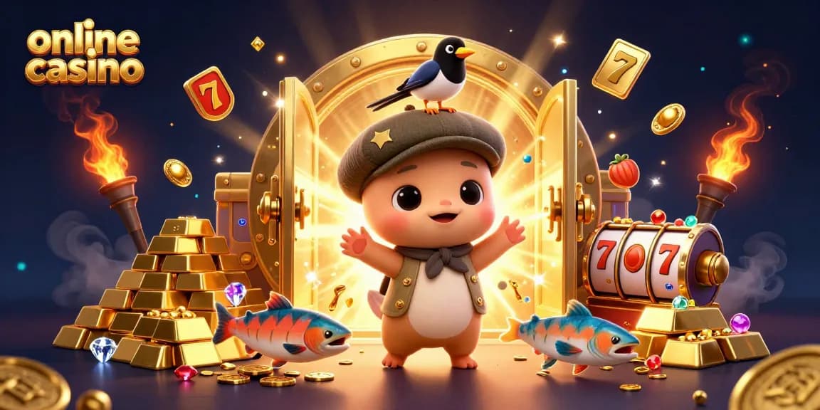 Engage with a vibrant online casino scene featuring dynamic characters, treasure, and gambling elements.