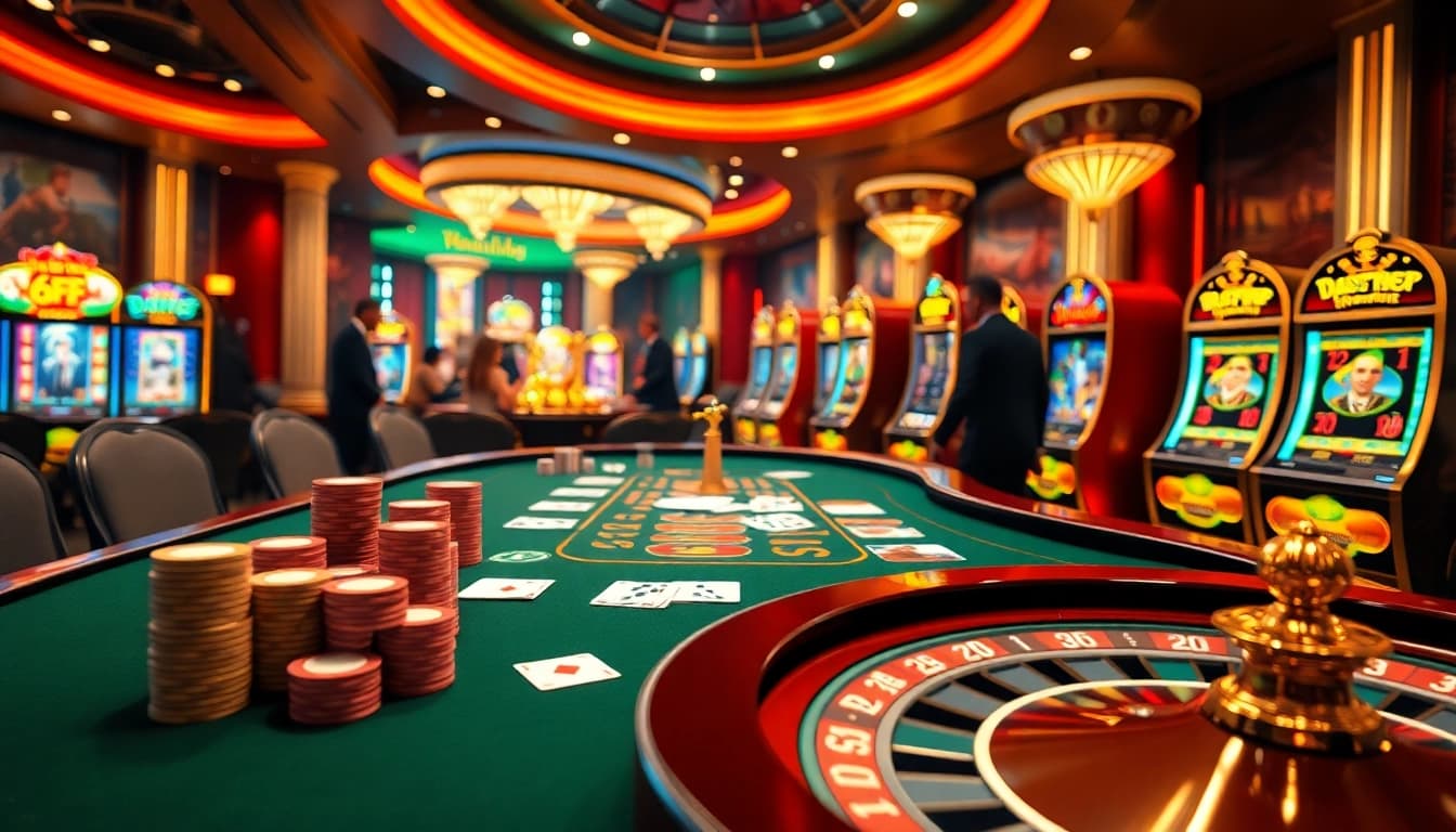Exciting poker action at a luxurious casino table featuring 6FF themed elements with vibrant lighting.