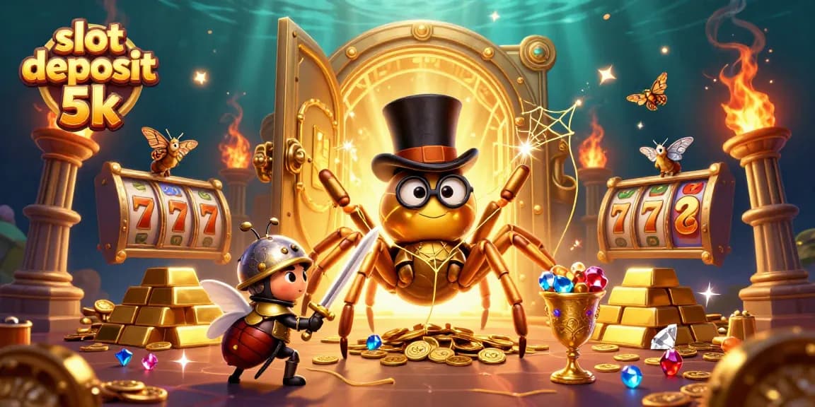 Engage in slot deposit 5k adventures with a giant tarantula and knight in a vibrant casino scene.
