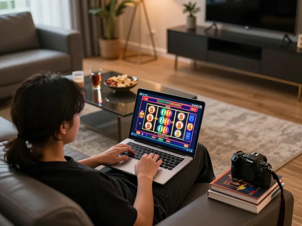 Engaging scene at trang chủ kuwin where a player enjoys online slots game on a laptop, showcasing strategic gaming atmosphere.