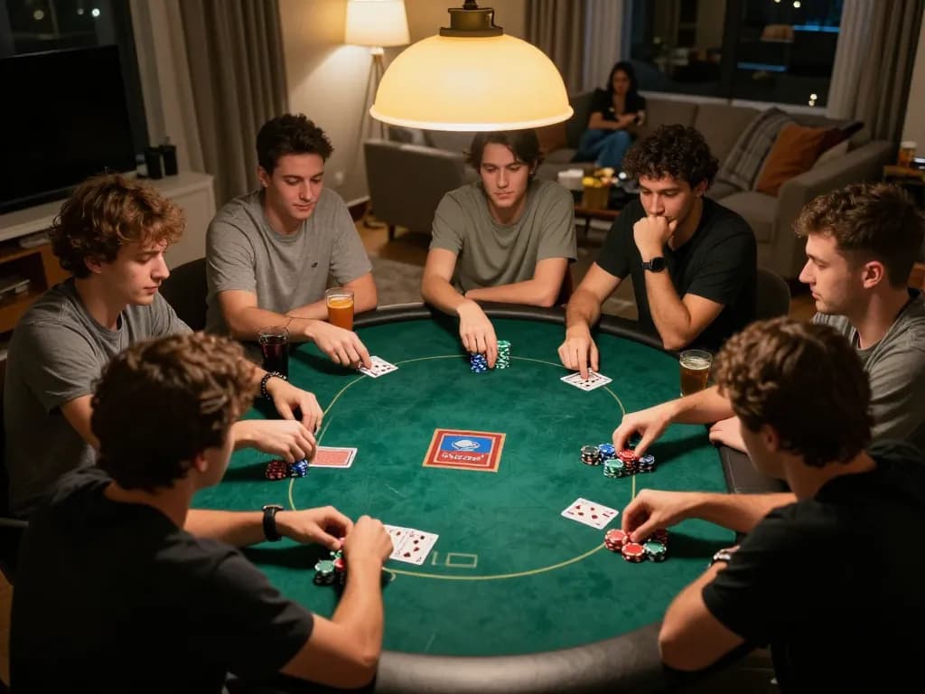 Players strategizing during a home poker game night while exploring trang uu88 options.