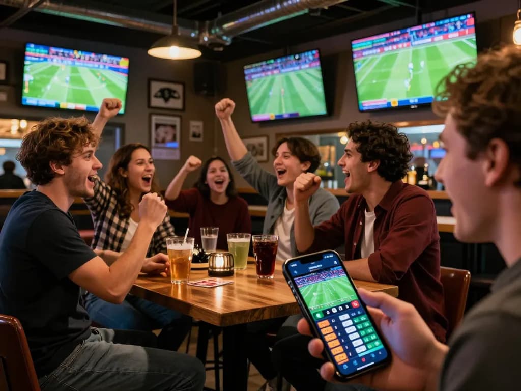 Fans enjoying thể thao tr88 betting excitement on mobile devices at a lively sports bar