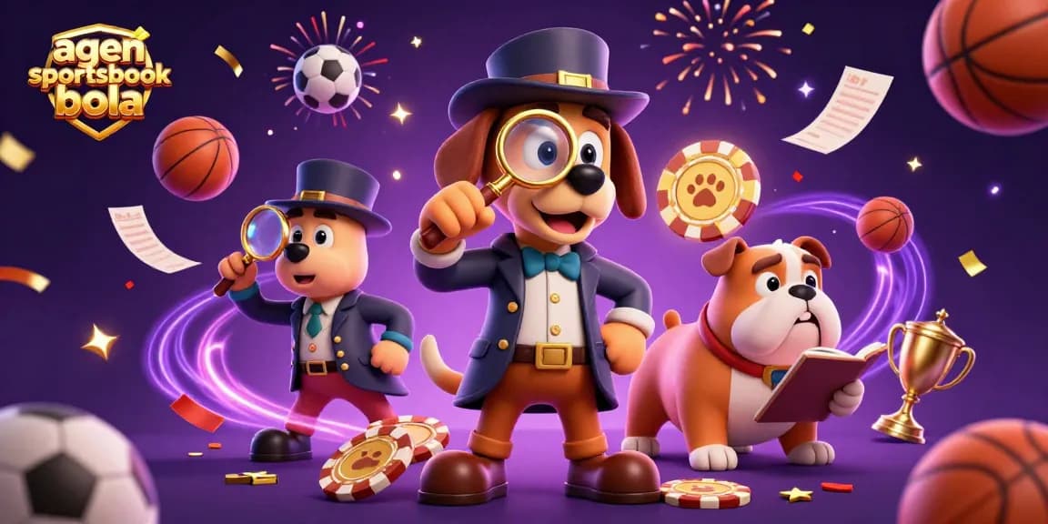 A dynamic scene with a detective dog examining clues for agen sportsbook bola amidst sports balls and trophies.