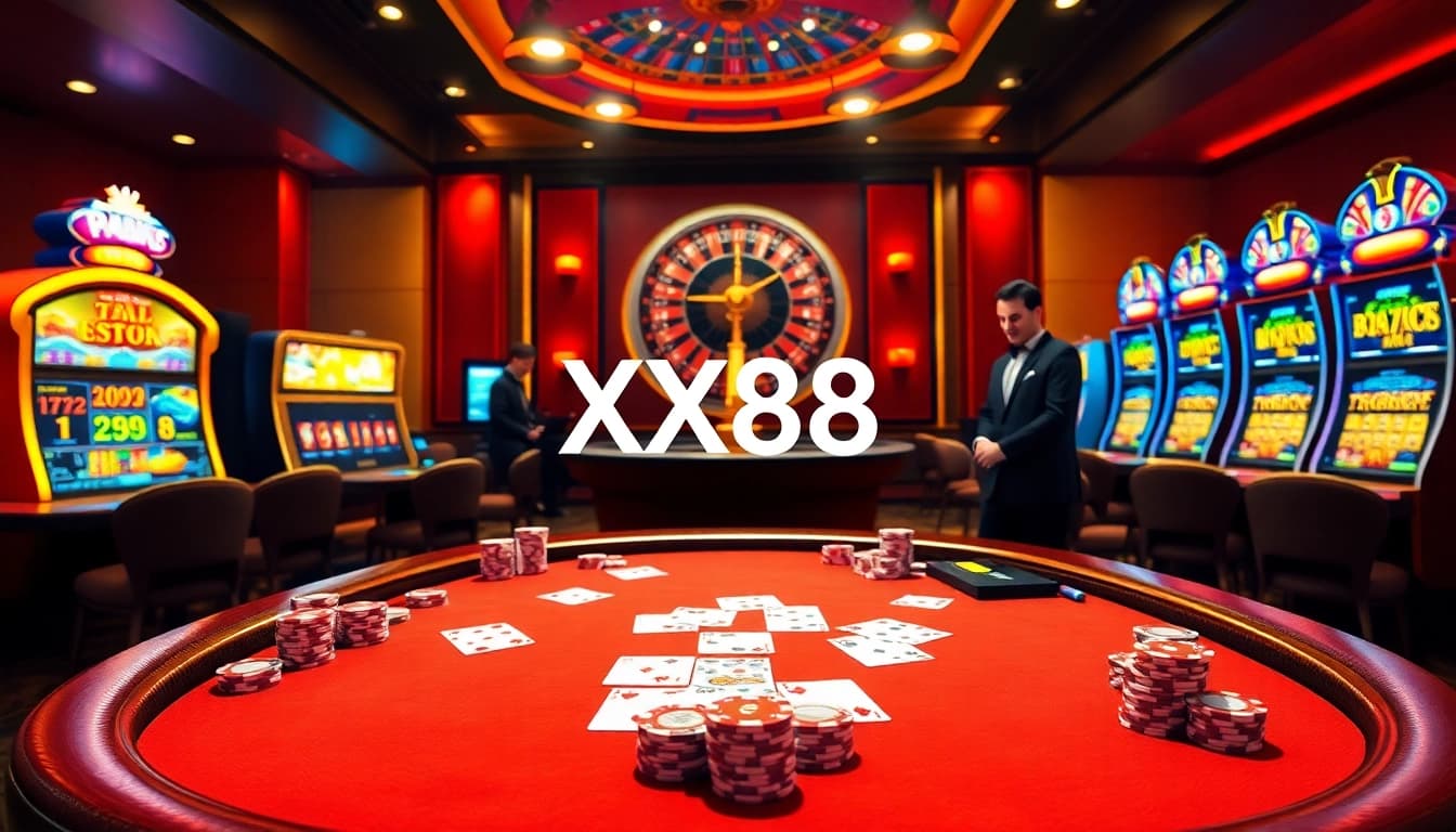 Players engaging in a high-stakes game at XX88 casino with vibrant roulette and poker elements.