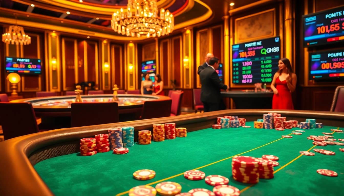 Experience excitement at the qh88 casino poker table with vibrant chips and cards.