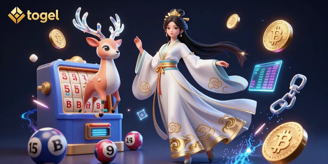 Togel-themed 3D illustration showcasing vibrant lottery elements and crypto coins in a visually rich scene.