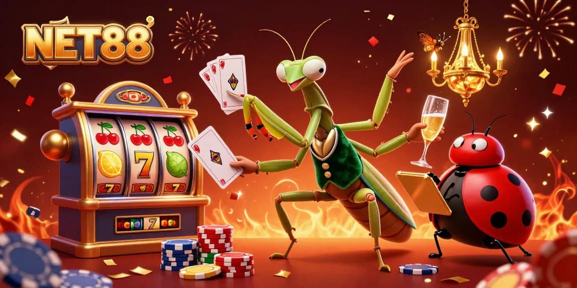 Experience excitement with NET88's vibrant casino scene showcasing a giant card sharp and animated slot elements.