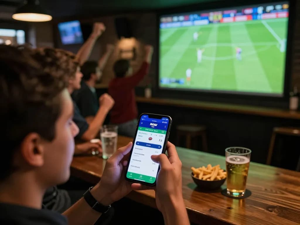 Engaging in sports betting using the Nowgoal app on a mobile device while watching a game live in a sports bar.