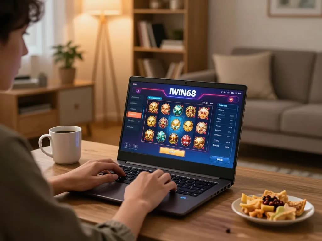 IWIN68 player enjoying a thrilling online slot game on a laptop in a comfortable home setting.