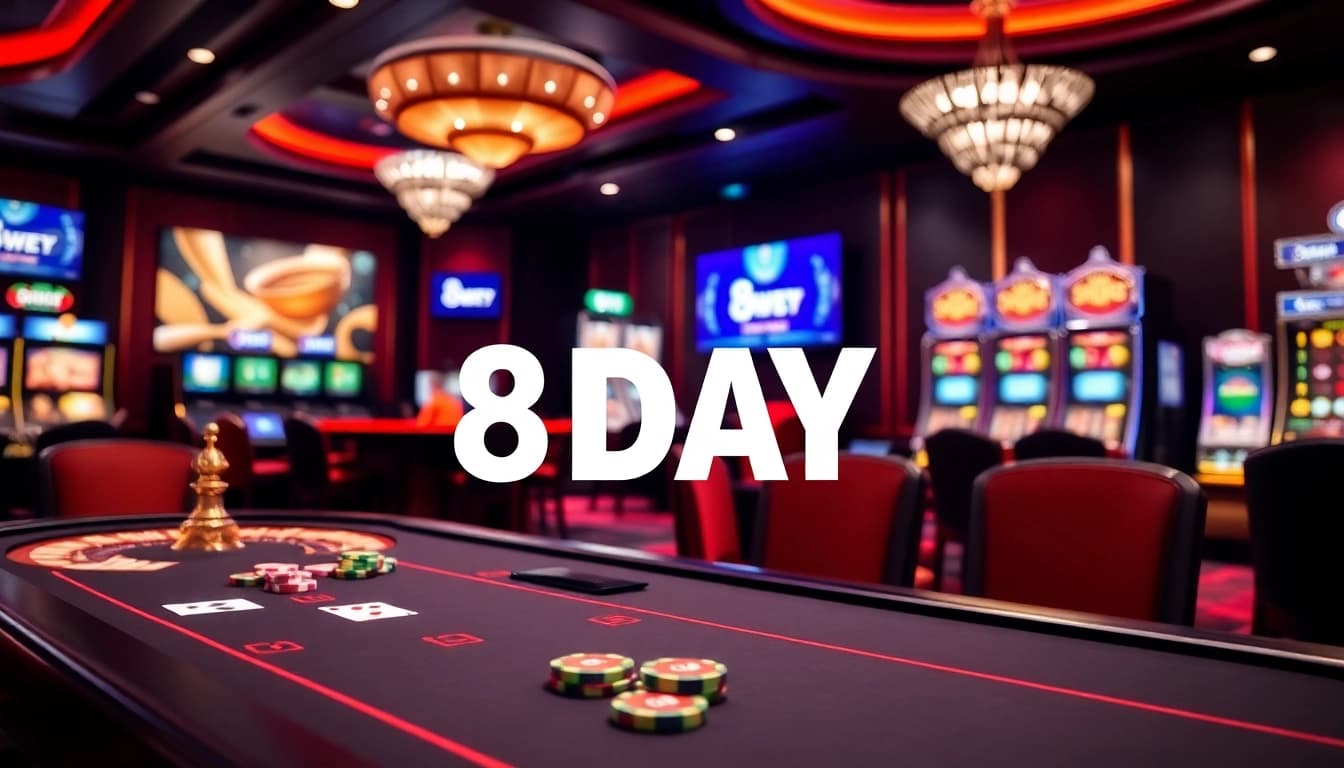 Experience thrilling gameplay at 8DAY's casino with vibrant slots, poker chips, and live gaming.