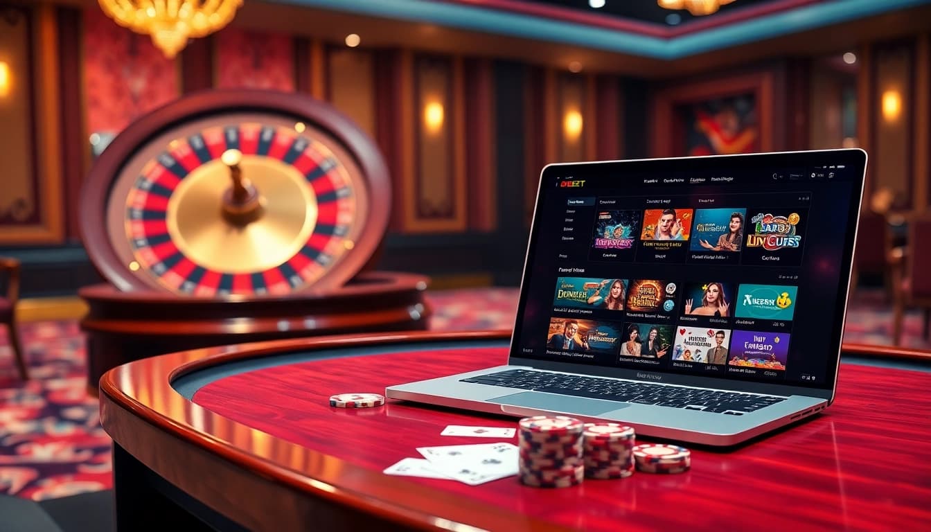 An exciting gambling scene featuring Nhà Cái DEBET with poker chips and a roulette wheel.