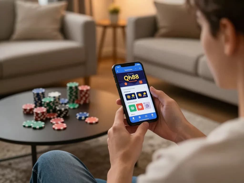 Engaging with the Qh88 chính thức app for online casino gaming in a cozy home setting