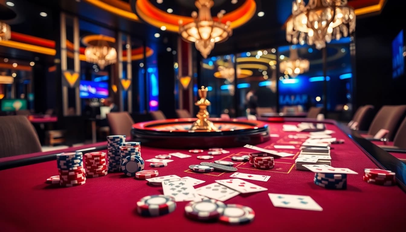 Experience thrilling gameplay at https://fnew88.com/ with our vibrant casino scene showcasing cards, chips, and excitement!