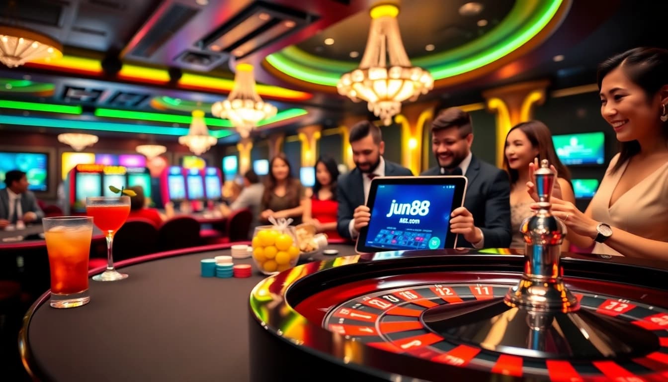 Experience stunning gaming at jun88.com with an elegant casino scene featuring roulette and excited players.