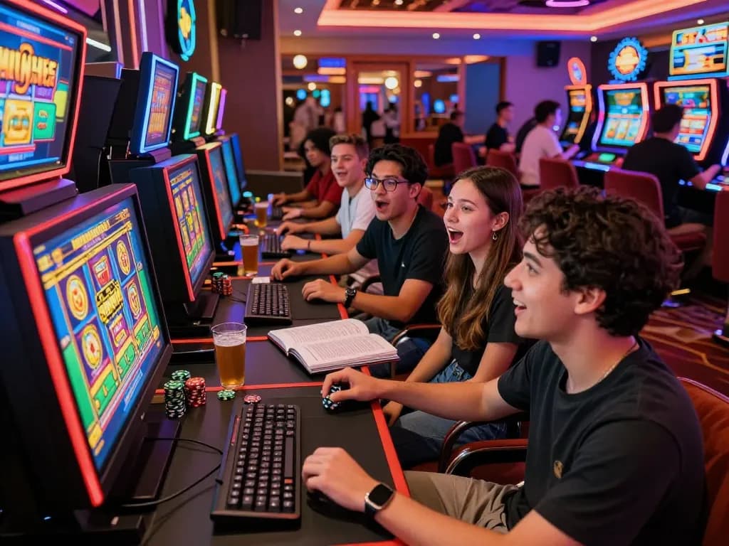 Keceriaan teman-teman bermain slot online situs gacor di lingkungan kasino yang cerah, menunjukkan pengalaman bermain yang sosial dan energik.