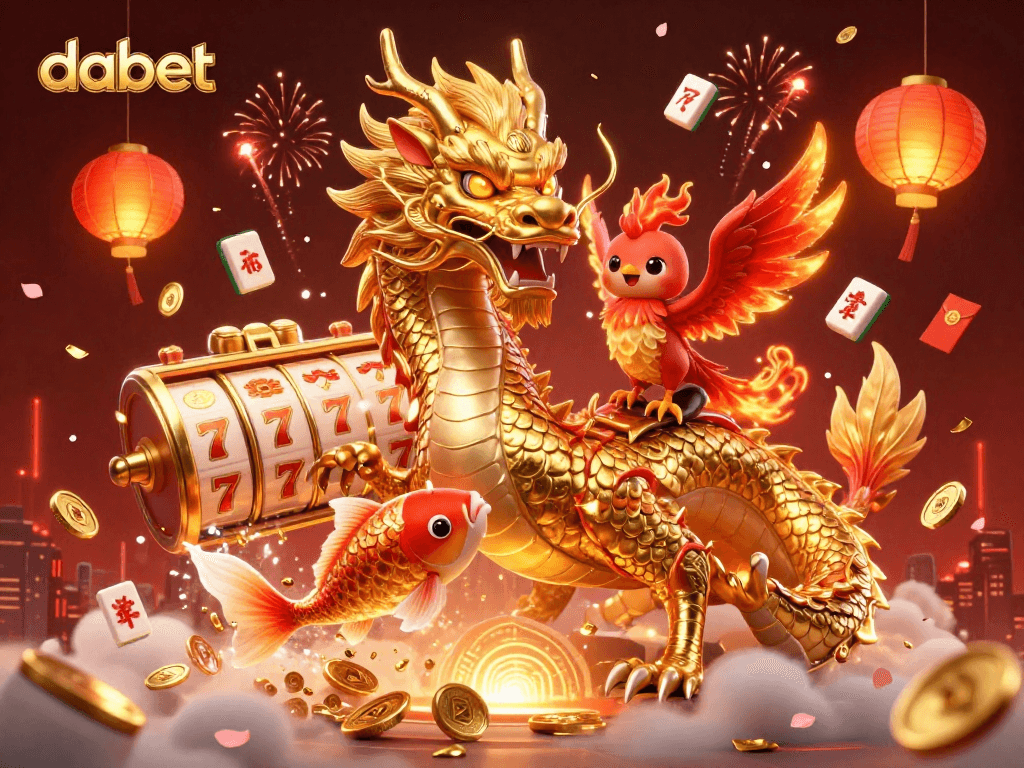 dabet showcases a vibrant casino scene with a golden dragon, phoenix, and koi fish among slot reels.