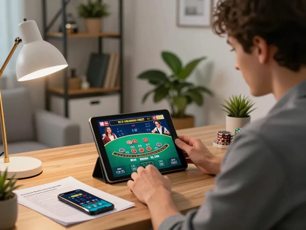 KJC player engaging in exciting online blackjack game on a tablet in a stylish home office setting.