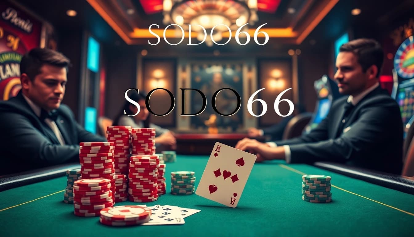 A poker game showcasing excitement at SODO66 casino with colorful chips and winning cards.