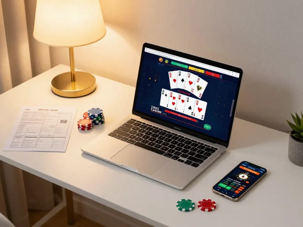 Engaging scene of Live Casino gaming with laptop display, chips, and cards enhancing online gambling experience.