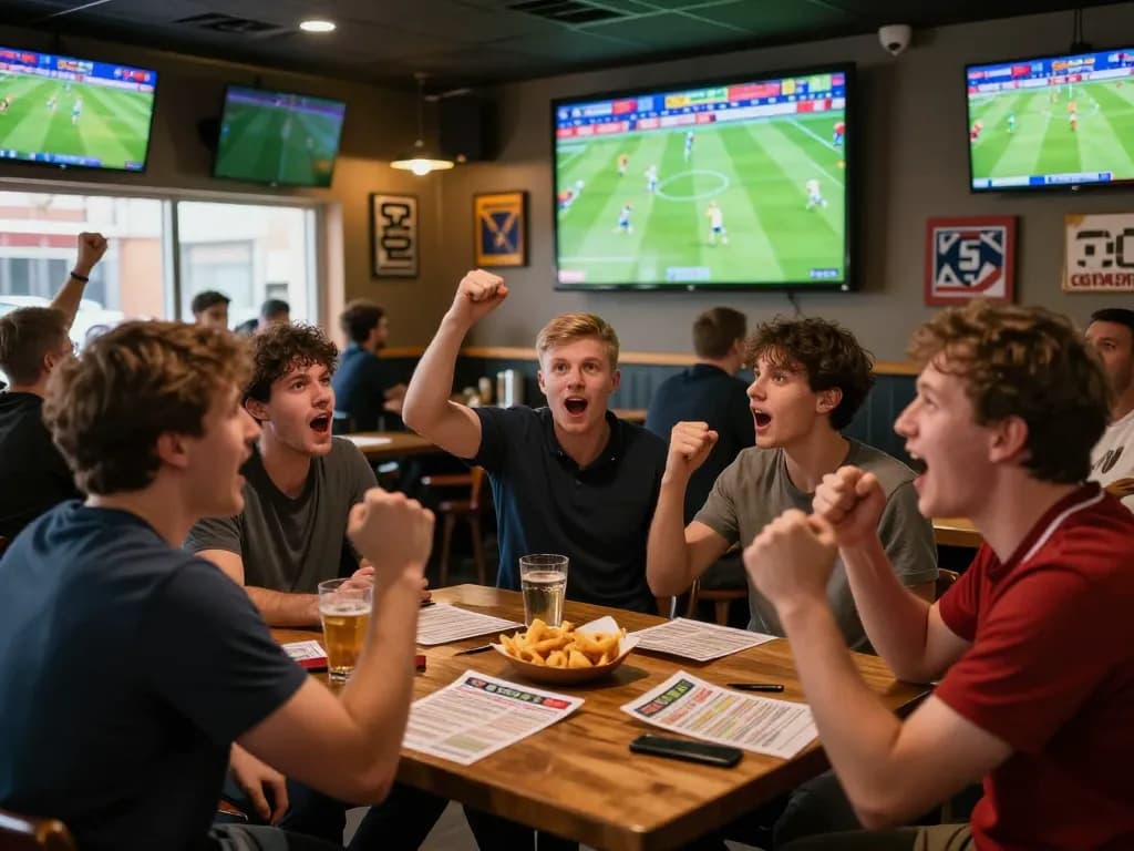 Sports bettors enjoying live football while engaging with website steaksnlobsters betting activities in a lively sports bar atmosphere.
