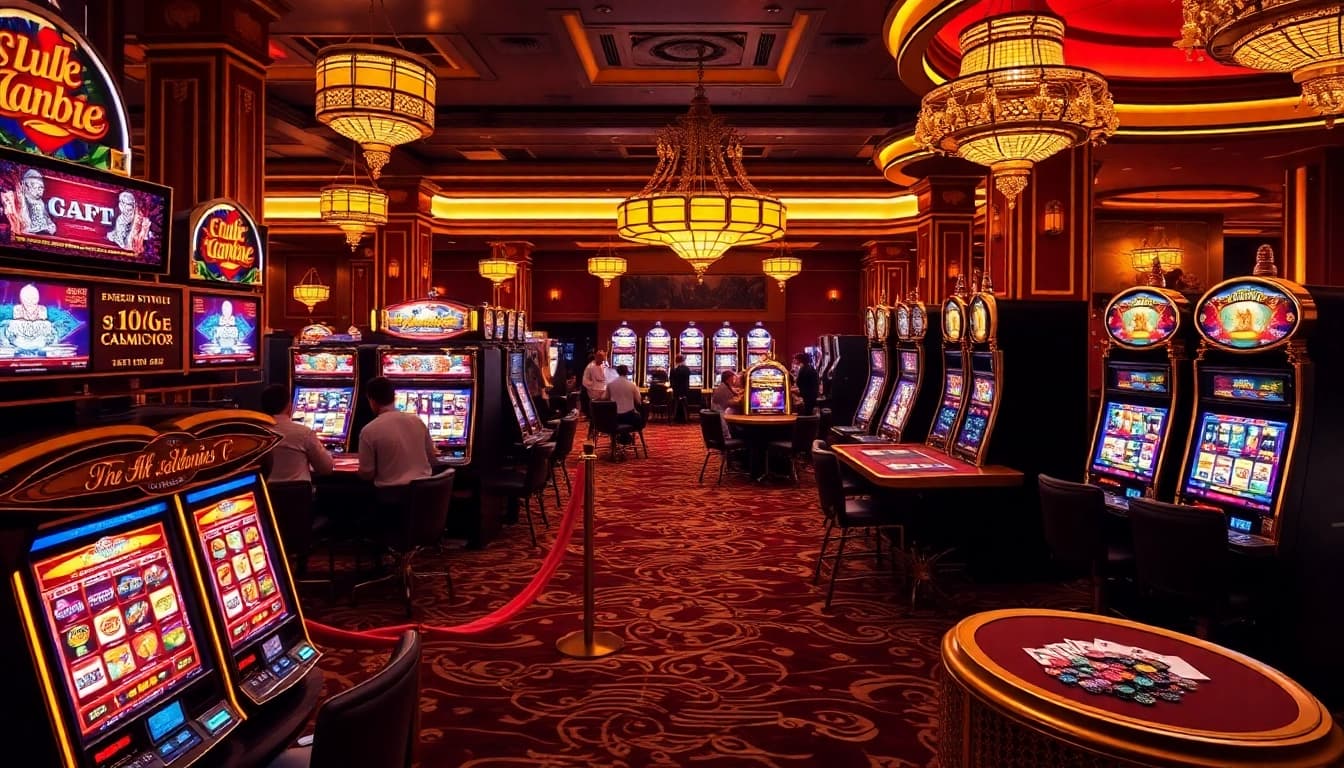 Gamblers enjoying their spins at vibrant slot machines in a luxury casino environment.