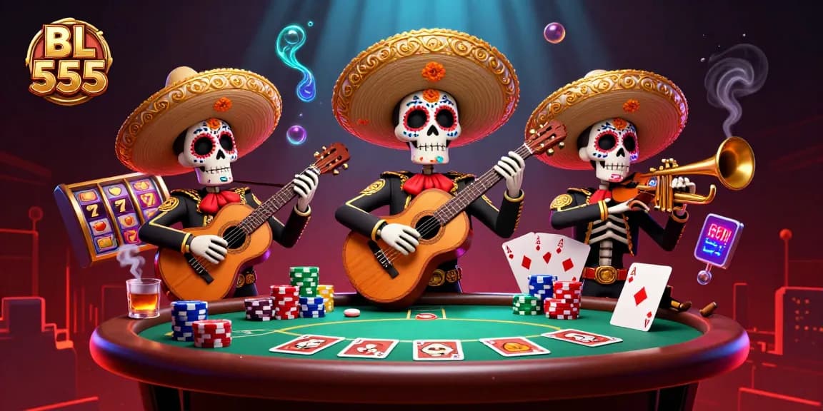 Engage in thrilling gameplay with BL 555's vibrant 3D casino scene featuring a mariachi band and poker elements