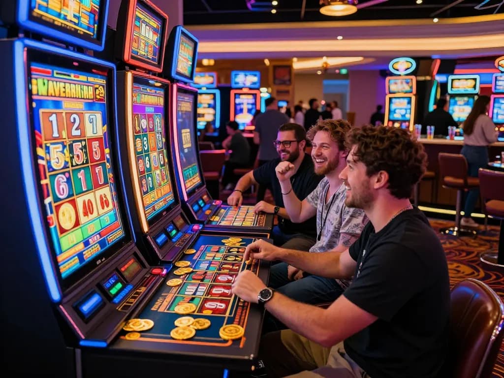 Suasana perjudian yang mengasyikkan dengan pemain di mesin link slot merayakan kemenangan jackpot di kasino yang penuh warna.