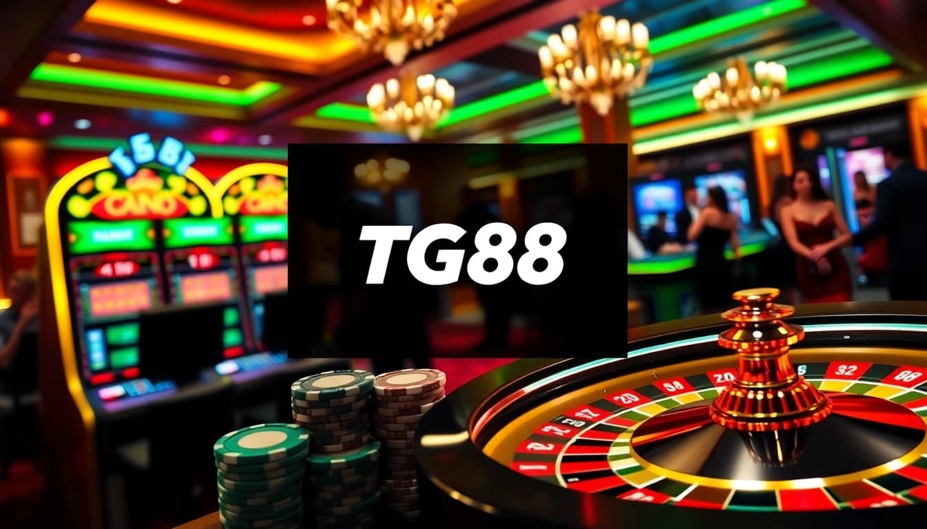 TG88 casino logo with players enjoying poker and slot machines in a vibrant casino atmosphere